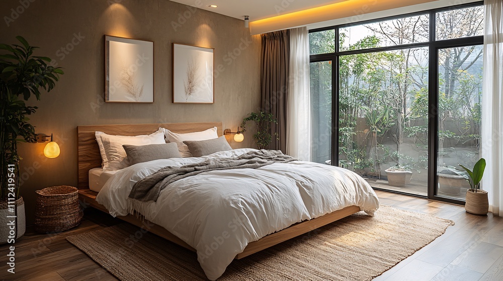Fototapeta premium Cozy Bedroom with Soft Lighting and Natural Elements