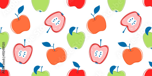 Vector seamless pattern with apples hand drawing line art on a white background. Seamless decorative background with bright stylish apples. Bright design for textiles, bed linen, wallpaper, wrapping 
