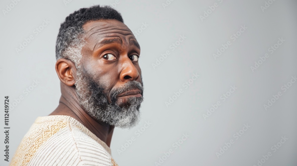 Obraz premium A black man with a beard and short hair wearing a white sweater with yellow accents looking over his left shoulder with a neutral expression against a plain gray background.