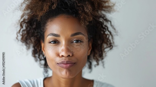 Close-up Of a young woman with curly brown hair freckles and a white shirt set against a plain white background.