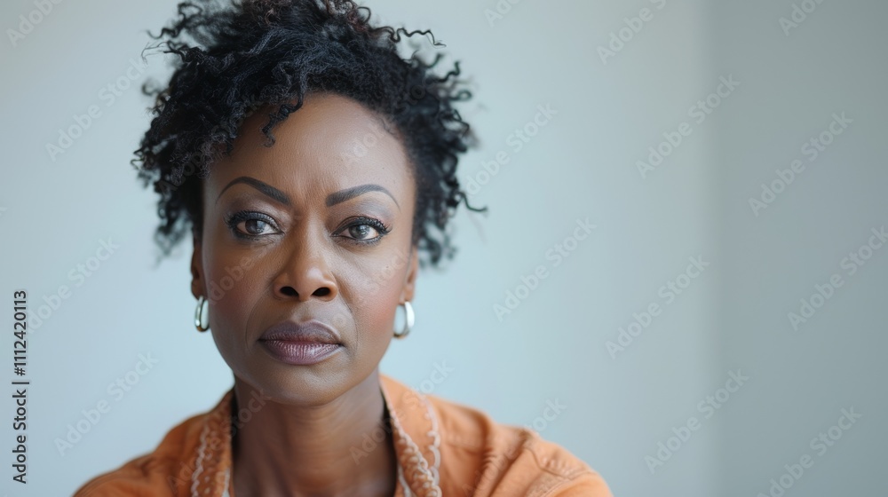 A close-up portrait Of a woman with dark skin and short curly hair wearing an orange shirt and silver hoop earrings set against B plain gray background. A close-up portrait Of a woman with dark skin and short curly hair wearing an orange shirt and silver hoop earrings set against B plain gray background.