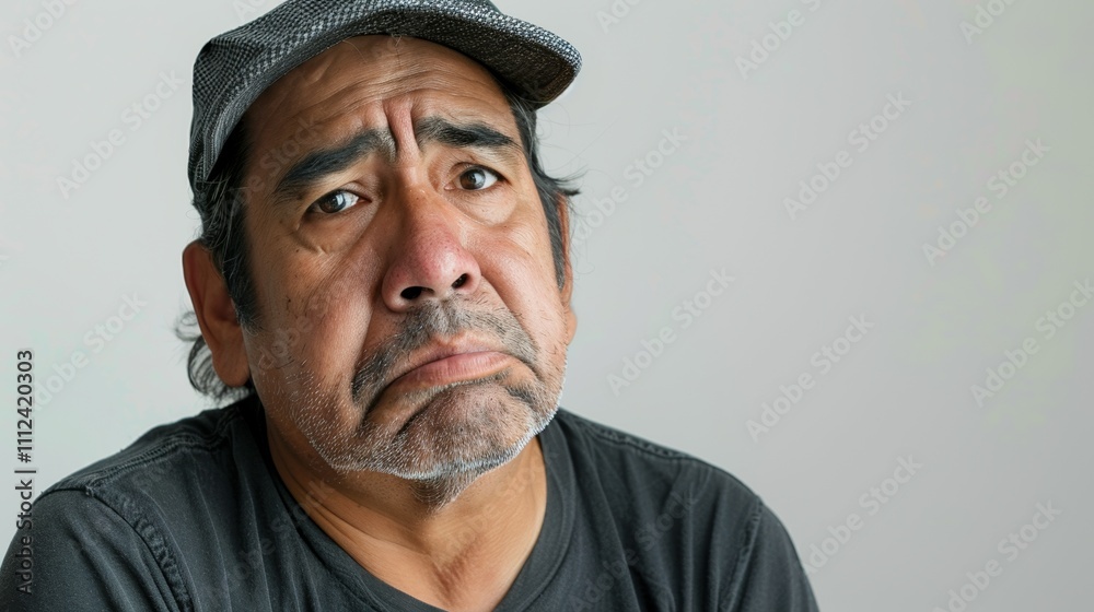 The image depicts an older man with a contemplative expression wearing a grey cap and black shirt set against a plain white background. The image depicts an older man with a contemplative expression wearing a grey cap and black shirt set against a plain white background.
