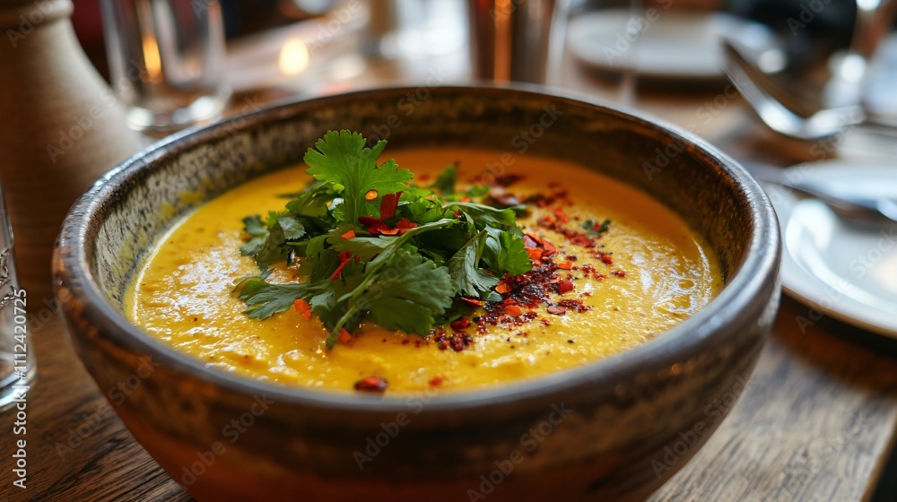 Rustic table scene with curried pumpkin soup in a pottery bowl, garnished with chili flakes and fresh coriander Rustic table scene with curried pumpkin soup in a pottery bowl, garnished with chili flakes and fresh coriander