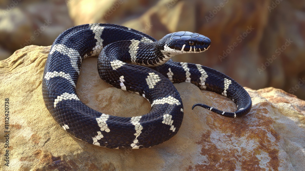 Naklejka premium California Kingsnake: Basking on a sun-baked rock, its smooth, black scales gleaming.