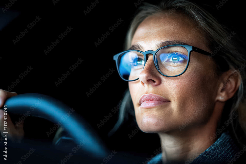 Fototapeta premium Confident Woman Driving at Night