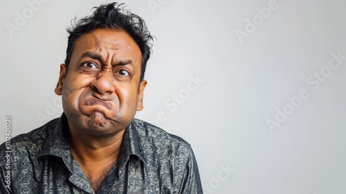 The image depicts a man with a pouty expression sporting dark hair and a dark-colored shirt with a subtle pattern.