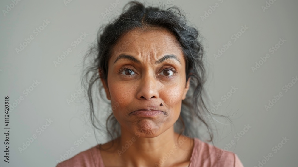A close-up Of a woman with a puzzled expression her face crumpled in a 100k Of confusion and concern. A close-up Of a woman with a puzzled expression her face crumpled in a 100k Of confusion and concern.
