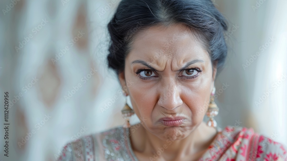 An Indian woman with a frowning face exuding a sense Of displeasure and annoyance on white wall with a patterned design. An Indian woman with a frowning face exuding a sense Of displeasure and annoyance on white wall with a patterned design.