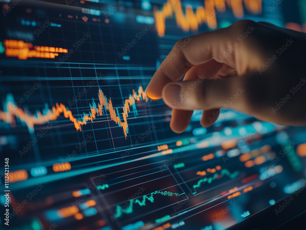Hand interacting with financial data on a digital screen displaying market trends and statistics Hand interacting with financial data on a digital screen displaying market trends and statistics