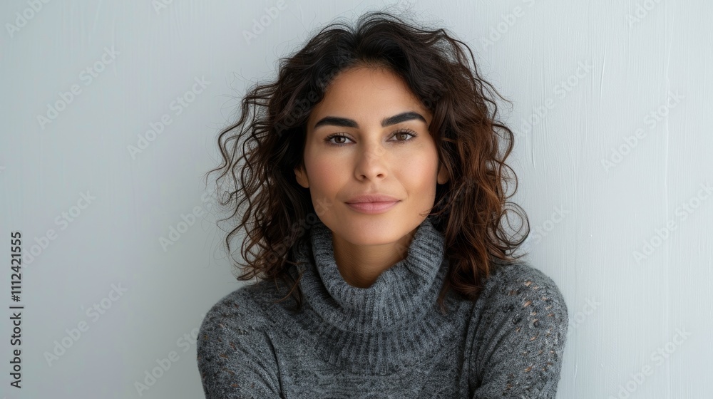 The image features a woman with medium-length wavy brown hair and a grey turtleneck sweater set against a white wall background. The image features a woman with medium-length wavy brown hair and a grey turtleneck sweater set against a white wall background.