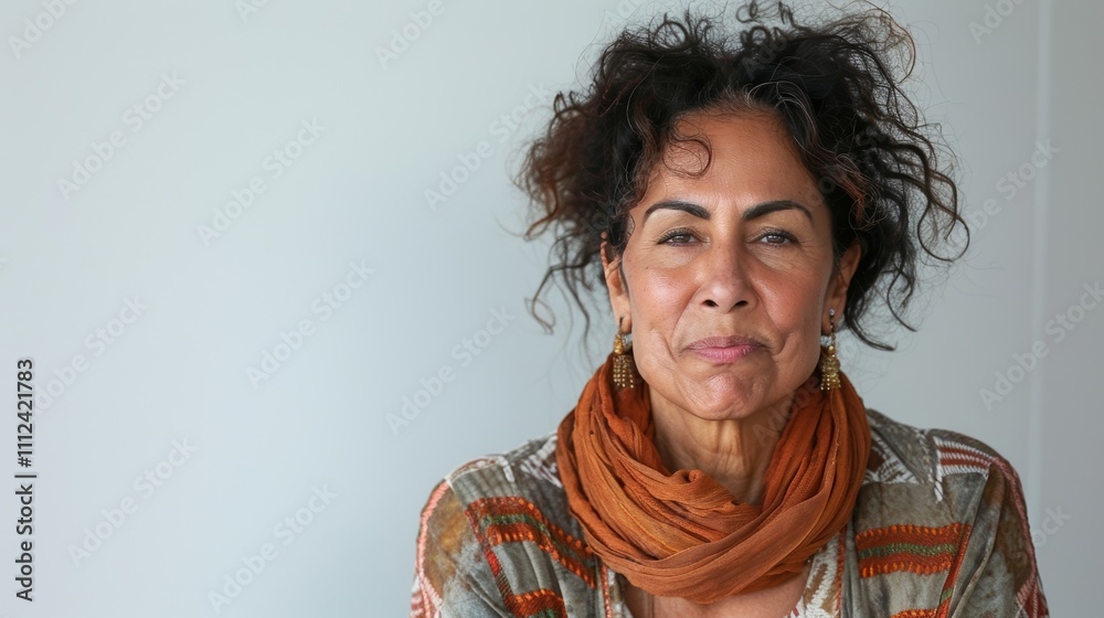 The image depicts a woman with dark curly hair wearing an orange scarf and a patterned top set against a plain white wall background.