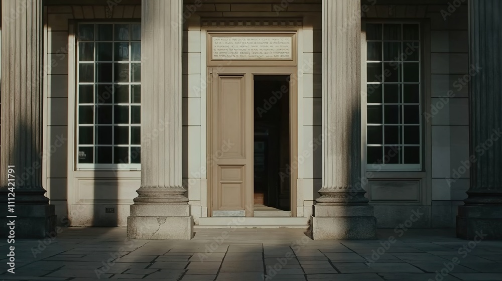 Fototapeta premium International court facade with grand architecture and flagpoles, symbolizing justice and global cooperation in resolving disputes.