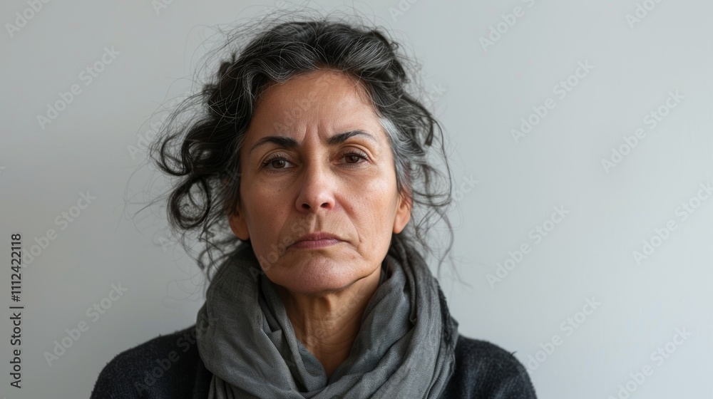A woman with a neutral expression possibly sad or tired with a gray scarf and dark hair against a plain white wall.