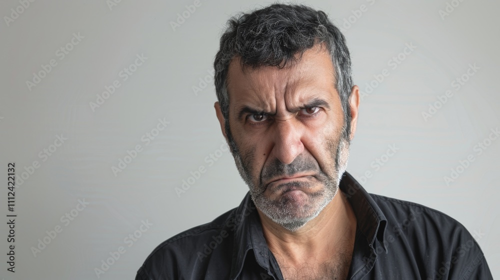 The image depicts an older man with a Stern expression wearing a black shirt and set against plain gray background. The image depicts an older man with a Stern expression wearing a black shirt and set against plain gray background.