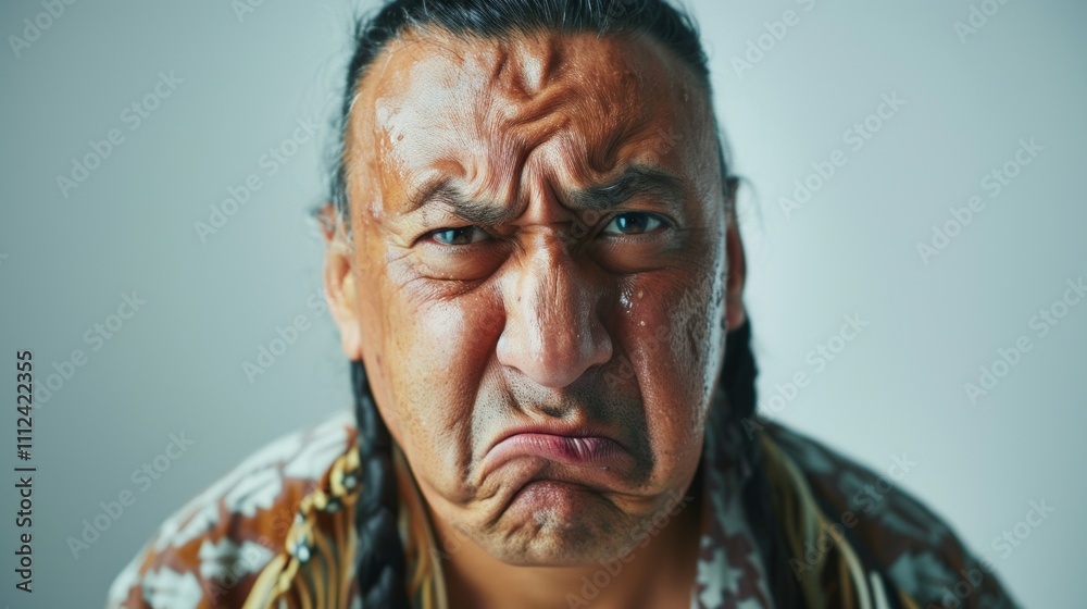 A close-up portrait Of a middle-aged man with dark hair styled in braids displaying a somber expression. A close-up portrait Of a middle-aged man with dark hair styled in braids displaying a somber expression.