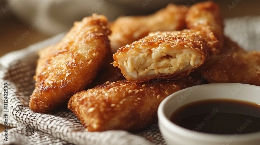 A close up of egg rolls with golden crusts, placed on a textured napkin with soy sauce in a small bowl A close up of egg rolls with golden crusts, placed on a textured napkin with soy sauce in a small bowl
