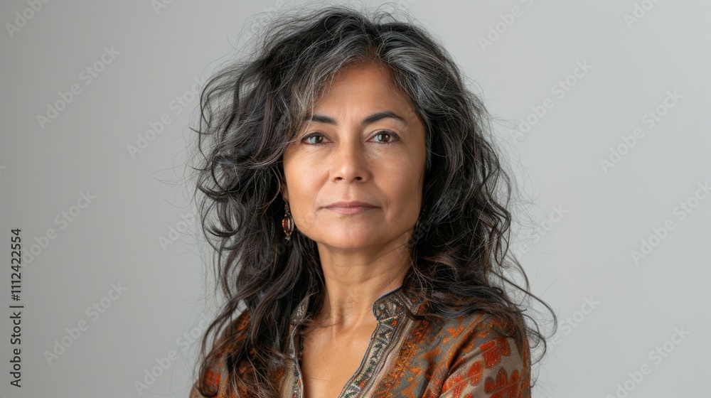 Fototapeta premium A mature woman with long wavy dark hair and a patterned blouse.