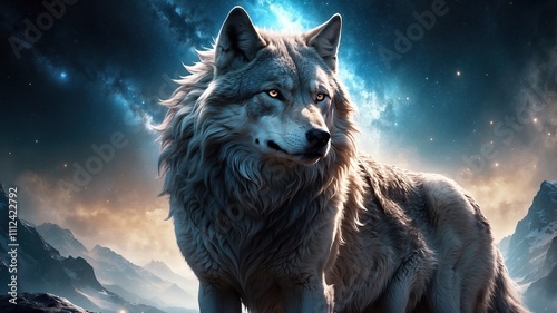 Powerful Epic Legendary Wolf with glowing face in Universe. Spiritual Animal Awakening Concept.Magical Fantasy Epic Wallpaper photo