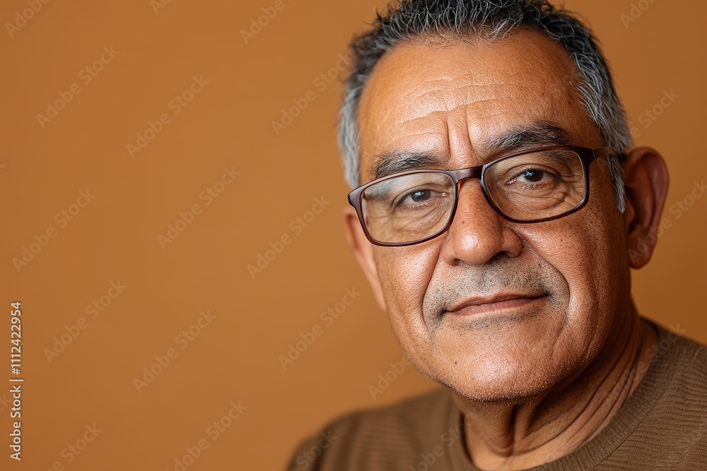 Elderly man with glasses on orange backdrop Elderly man with glasses on orange backdrop