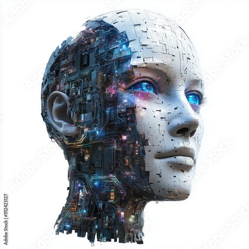 Artificial intelligence robot's head, half composed with circuitry, white background.