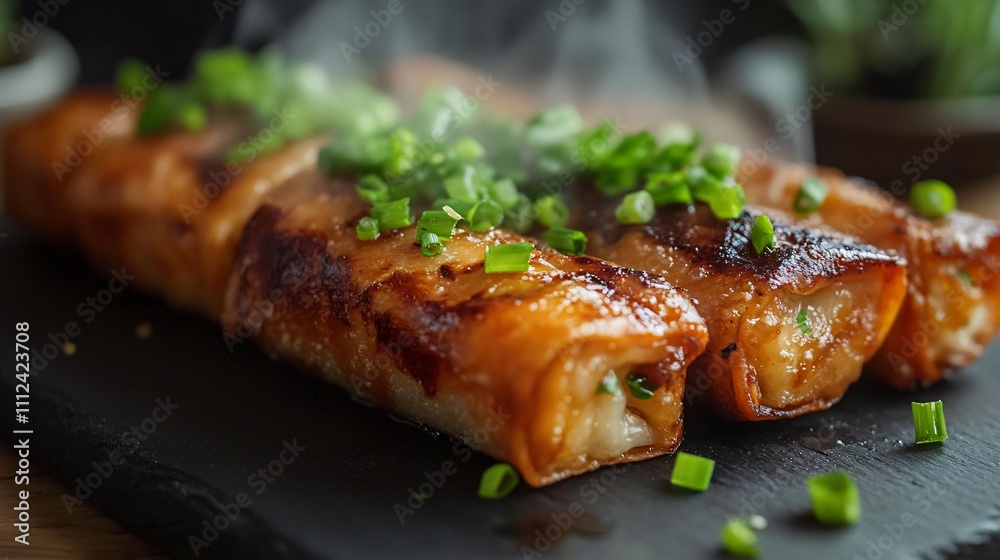 Close up of crispy egg rolls with steam rising, garnished with chopped scallions, served on a slate board Close up of crispy egg rolls with steam rising, garnished with chopped scallions, served on a slate board