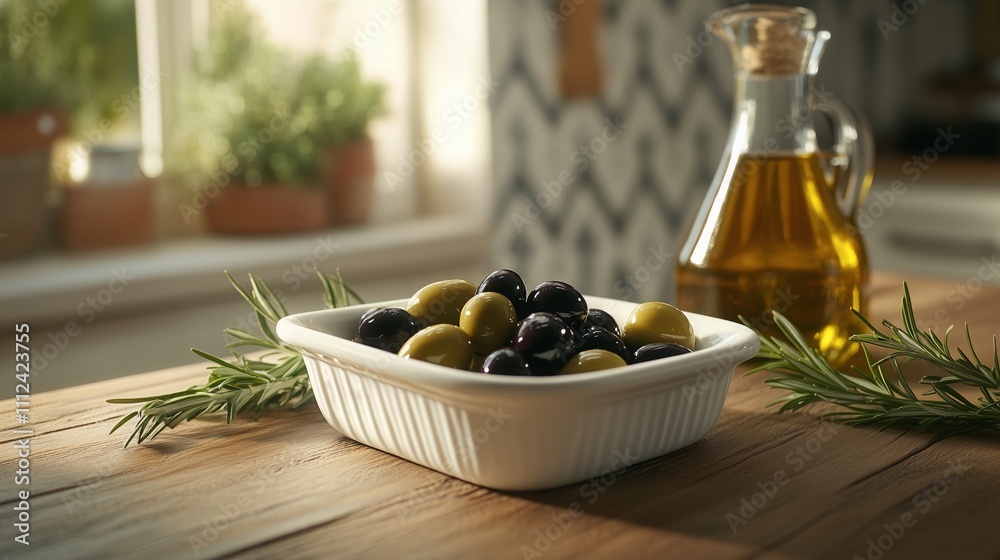 Fresh green and black olives in a white dish, with a bottle of olive oil on a wooden table of the kitchen. Fresh green and black olives in a white dish, with a bottle of olive oil on a wooden table of the kitchen.