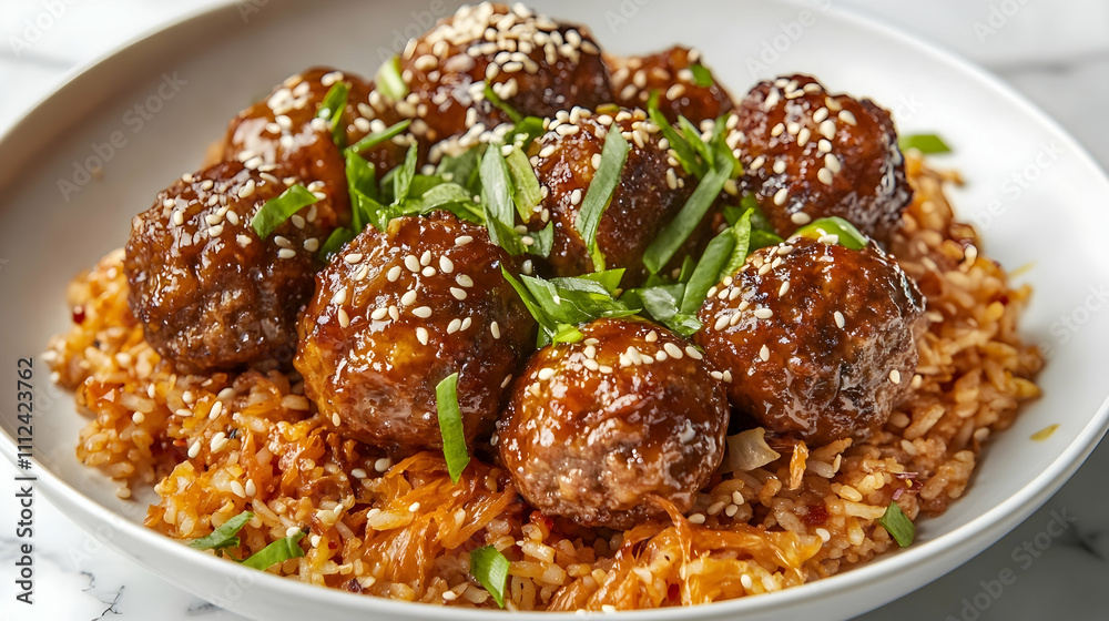 Gochujang Glazed Meatballs with Kimchi Rice and Sesame, Korean Main Course Photography Gochujang Glazed Meatballs with Kimchi Rice and Sesame, Korean Main Course Photography