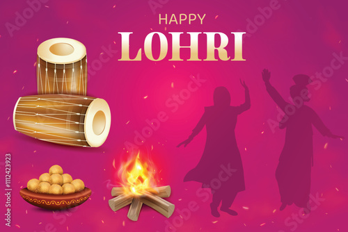 Lohri Festival Celebration With Bonfire, Drums and Silhouette Of Punjabi Dance On Pink Color Background. Indian Ethnic Festive Sale Celebration Theme Concept Vector Illustration.