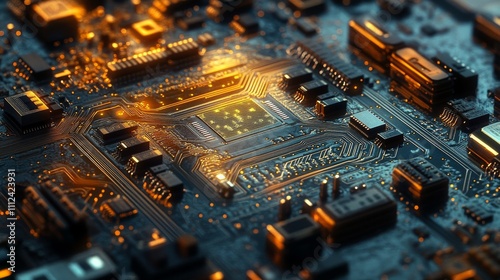 Shot of Generic Printed Circuit board with Microchips and other Components During Production Process. Electronics Manufacturing. Dark Environment