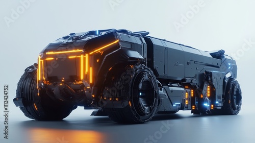 A futuristic cargo truck with aerodynamic features and a glowing container, displayed on a smooth white backdrop, innovative and sharp photo