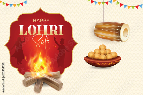 Lohri Festival Celebration With Bonfire, Drums and Silhouette Of Punjabi People Dancing On Red Color Background. Indian Ethnic Festive Sale Celebration Theme Concept Vector Illustration.