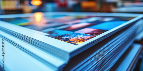 Close-up print of photo on glossy photo paper. Printing house, printing process