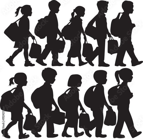 Silhouettes of children carrying bags, walking together, symbolizing school life and friendship