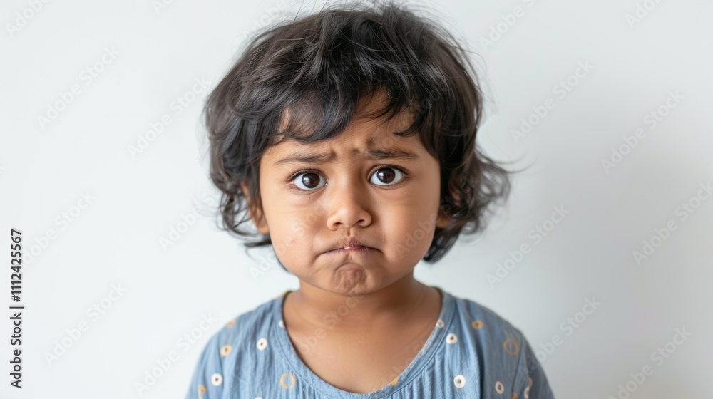 A young girl with dark hair and a blue shirt looks upset. A young girl with dark hair and a blue shirt looks upset.