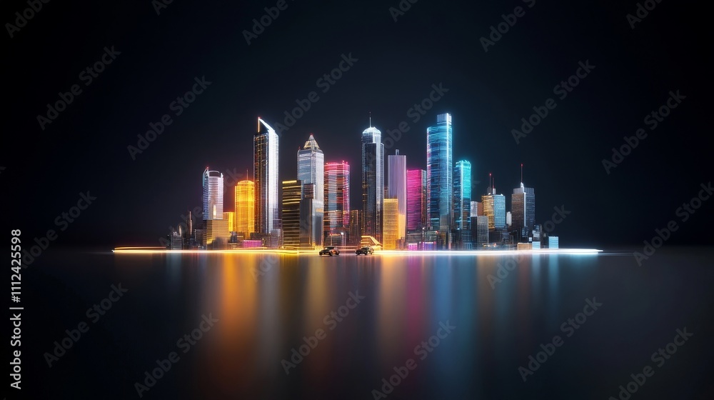 Fototapeta premium A futuristic cityscape with glowing transportation growth data projected on skyscrapers, and pickups navigating futuristic roads, Sci-fi, Neon highlights,