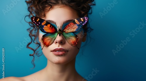 Cheerful woman with artistic butterfly inspired eye makeup on solid navy blue background. photo