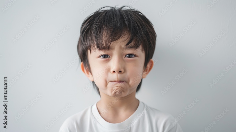 A young boy with dark hair and a white shirt making a sad Or disappointed facial expression. A young boy with dark hair and a white shirt making a sad Or disappointed facial expression.