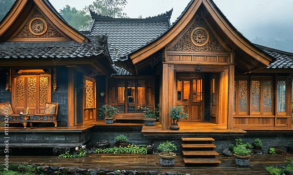 A beautifully designed wooden house with intricate details, surrounded by lush greenery. A beautifully designed wooden house with intricate details, surrounded by lush greenery.