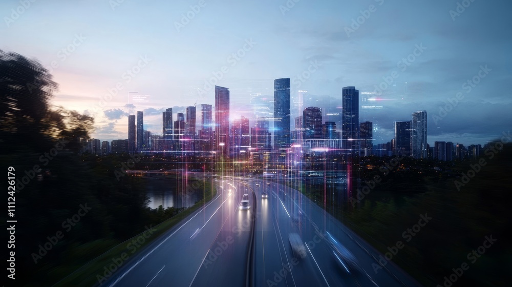Fototapeta premium A futuristic cityscape with holographic overlays of transport contributions, showing percentages for land, air, and sea modes, Sci-fi, Neon accents, Urban 