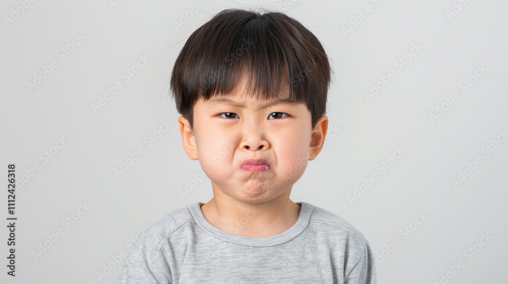 A young boy with neutral expression sporting short black hair and bangs wearing a gray shirt. A young boy with neutral expression sporting short black hair and bangs wearing a gray shirt.