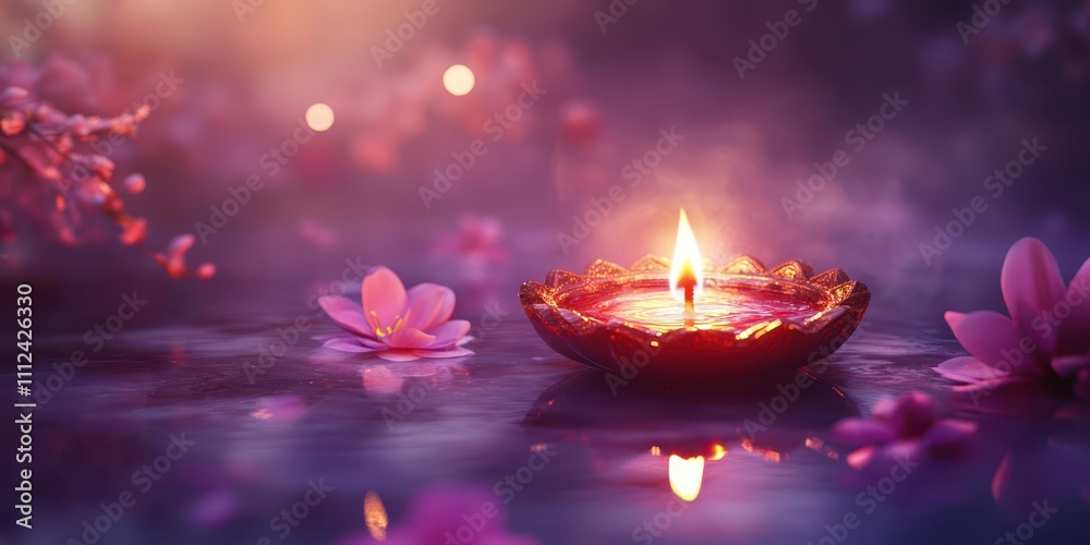 Decorative diya glowing softly on a glossy purple surface, surrounded by a warm light haze and subtle floral details, half the image left for text, professional SLR shot. Decorative diya glowing softly on a glossy purple surface, surrounded by a warm light haze and subtle floral details, half the image left for text, professional SLR shot.
