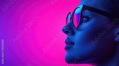 Elegant Woman in Profile with Neon Glasses and Futuristic Lighting