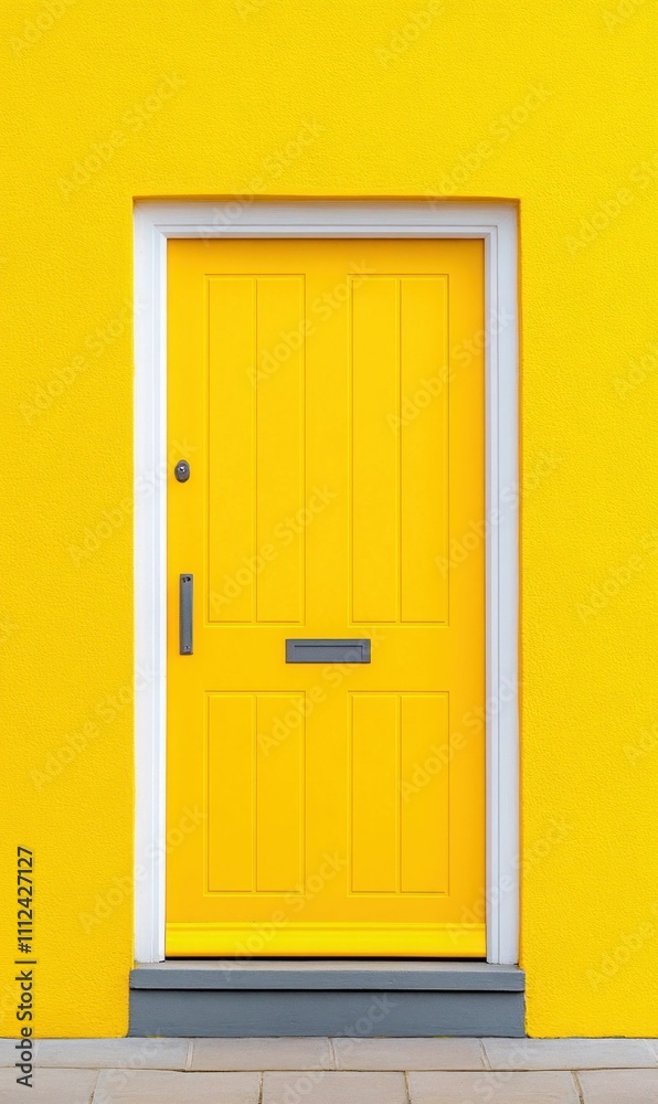 Bright Yellow Front Door with White Frame on House Wall Bright Yellow Front Door with White Frame on House Wall