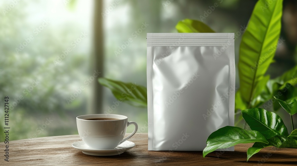 White coffee bag mockup on wood. White coffee bag mockup on wood.
