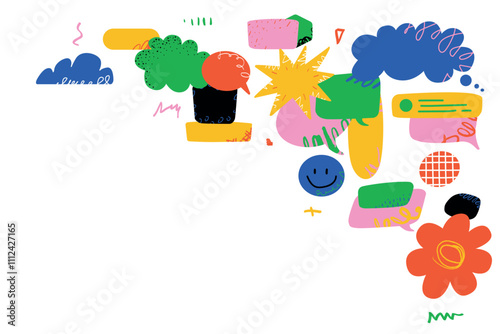 Colorful and abstract background with various speech bubbles and shapes in the corner. A design template for topics of communication, conversation and exchange of ideas.