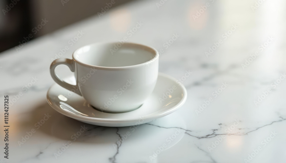 Empty white coffee cup on a marble table with a saucer in a modern cafe Empty white coffee cup on a marble table with a saucer in a modern cafe