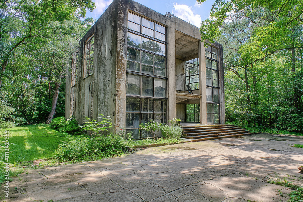 Modernist concrete building surrounded by lush greenery in forest Modernist concrete building surrounded by lush greenery in forest