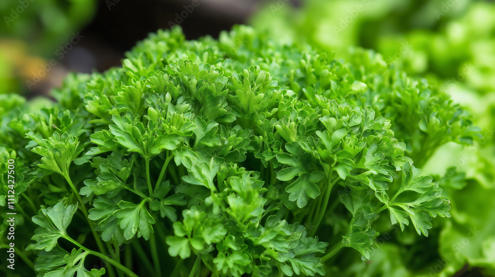 Fresh organic parsley leaves, natural garden cultivation, growing herbal ingredients, agricultural harvest foliage, bright seasonal vegetation growth Fresh organic parsley leaves, natural garden cultivation, growing herbal ingredients, agricultural harvest foliage, bright seasonal vegetation growth