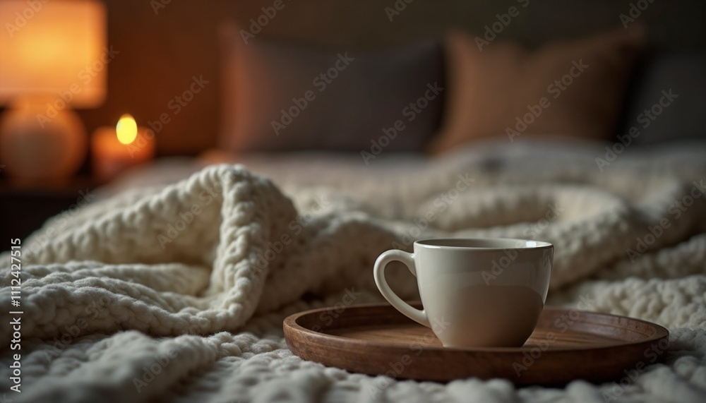 White coffee cup on a wooden tray with cozy knitted blanket in a warm bedroom setting
White coffee cup on a wooden tray with cozy knitted blanket in a warm bedroom setting