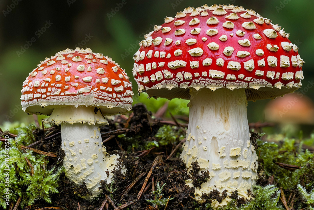 Vibrant red mushrooms growing among green moss in a forest setting Vibrant red mushrooms growing among green moss in a forest setting